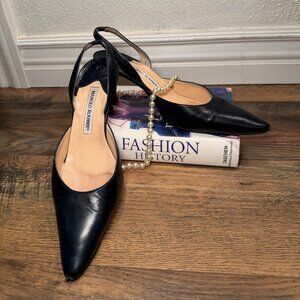 Vintage 90s Manolo Blahnik Navy Leather Slingback Carolyne Heels Luxury Designer